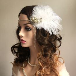 Haarrubberband Vintage Feather Headband White Pearls 1920s Gatsby Party kopstuk voorhoofddecoraties 230512