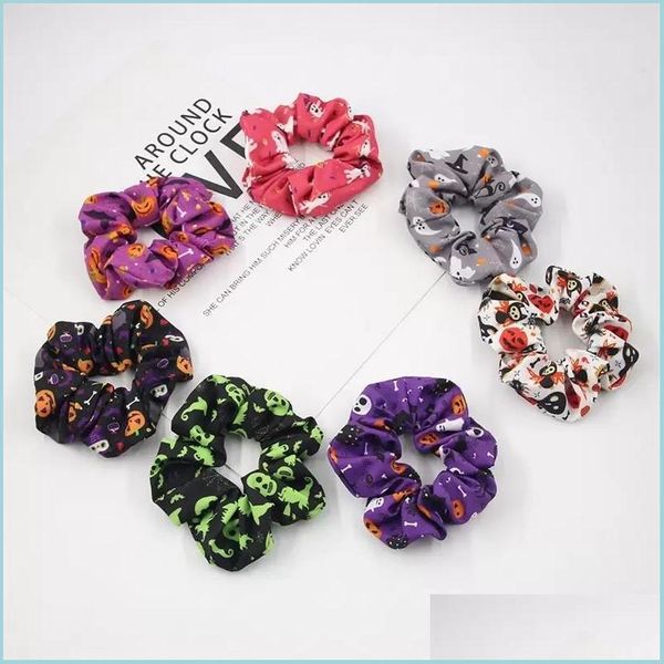 Bandas de goma para el cabello 15 Diseños Gomas para el cabello de calabaza de Halloween Bk Spider Bat Impreso Tie Pulsera Banda elástica Niñas Ponytai Yydhhome Dh1Dm