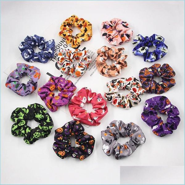 Bands de caoutchouc de cheveux 15 Designs Halloween Pumpkin Hair Scrunchies Bk Spider Bat Bracelet Bracelet Elastic Band Girls Ponytail Holder Dhjct