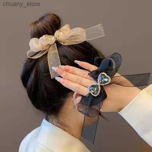 Haarrubberbanden 2022 Nieuwe elegante organza -golvende rubberen bands Haaraccessoires Elastische band Haar touw Strijnwinning voor Bow Girl Women Hoofdbanden Y240417