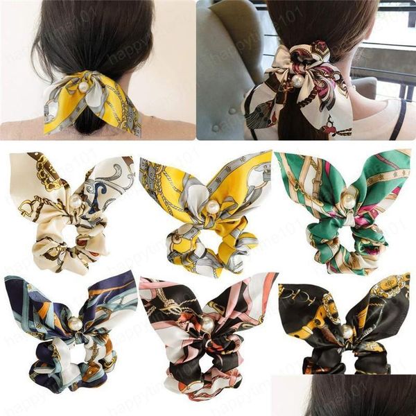 Bandas de goma para el cabello Gasa Bowknot Seda Scrunchies Mujeres Pearl Ponytail Titular Cuerda Accesorios Drop Entrega Joyería Hairjewelry DH6KF