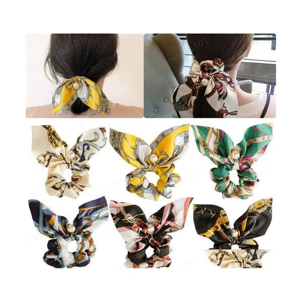 Bandas de goma para el cabello gasa Bowknot Scrunchies de seda Mujeres Pearl Ponytail Holder Cuerda Accesorios Drop Delivery Jewelry Hairjewelry Dhcoj