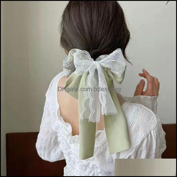 Bandas de goma para el cabello Bufanda verde elegante con lazo de cinta para mujer Niñas Scrunchies Arcos Gasa Floral Scrunchie Lazos largos Pon Bdesybag DHSCO