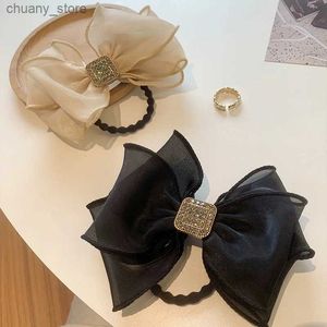 Bands de caoutchouc à cheveux Corde à cheveux pour femmes arc organza ruban élastique jolie cravate noix de cheval support de coiffure mode strass accessoires de cheveux y240417