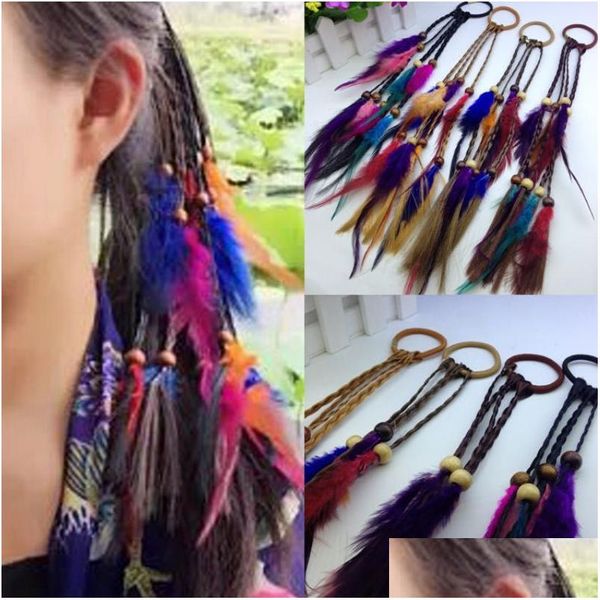 Bandes de caoutchouc de cheveux Bandes de caoutchouc de cheveux de plumes de Bohême faites à la main avec des perles de bois de tresse Filles Hippie Corde Mix Couleurs Drop Livraison Bijoux Dhlup