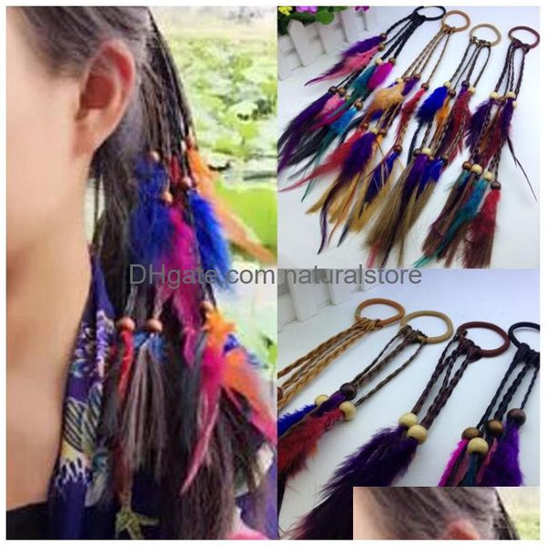 Bandes de caoutchouc de cheveux Plume de Bohême à la main avec des perles de bois de tresse Filles Hippie Corde Mix Couleurs Drop Livraison Bijoux Hairjewelry Dhglu