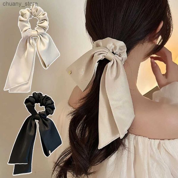 Bands de caoutchouc de cheveux Satin Ribbon Bow Scrunchies Couleur de couleur Perle Edge Coil Corde Pony Pony Hair Swine