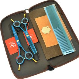 Tijeras para el cabello 5,5 "peluqueros profesionales corte adelgazamiento Tesouras Japón salón de acero tijeras de barbero con bolsas de cuero A0003A