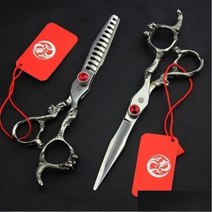 Haarschaar 6inch Japan 440C Dragon Handgreep recht snijdend dunner wordende schaar Kappersstijl Shear Clipper Barber Shop Tool Drop Dhxfw