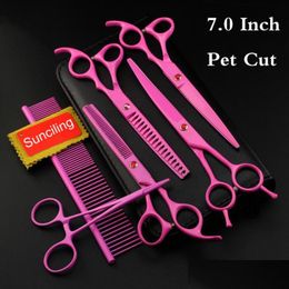 Ciseaux à cheveux 7 pouces peinture de cuisson rose JP en acier inoxydable toilettage pour animaux de compagnie Kit de cisailles incurvées livraison directe DH8Qb