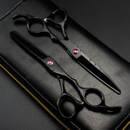 Tijeras para el cabello Profesional Japón 440c 5.5 '' 6 '' gema roja corte negro tijeras para el cabello corte peluquero corte de pelo tijeras para adelgazar tijeras de peluquería 230323