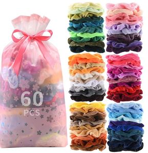 Haar Scrunchies Fluwelen Vrouwen Haarbanden Elastische HairTies Touwen Effen Paardenstaart Houder Meisjes Hoofdband 60 Stuks 1 Partij