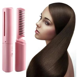 Planchas para el cabello 2 en 1 Mini plancha para el cabello inalámbrica Peine Carga USB Viaje portátil Cuidado rápido Herramientas para el cabello Peinado del cabello Rollo recto Doble 231211