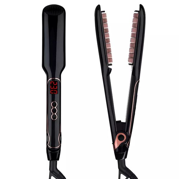 Enderezadores para el cabello cabello arrugado plano hierro profesional enderezamiento rizado hierro con pantalla LCD 2 en 1 peine de hierro de pelo