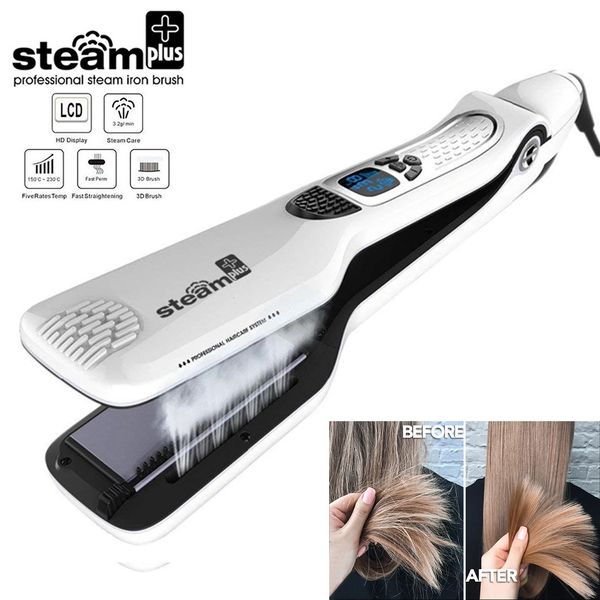 Planchas para el cabello Plancha profesional Calentamiento Peine para el cabello Doble presión Plancha rizada Vapor Plana Placa de acero ancha Herramienta 231205