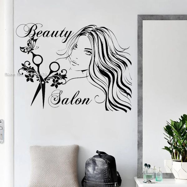 Hair Studio Sign Tatuajes de pared Salón de belleza Vinilo Adhesivo Tijeras Arte de la pared Decoración Moda Peluquería Art Murals Girl Decor LC1731 240106