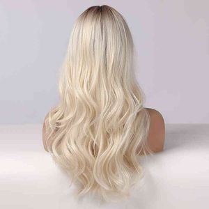 Pelucas sintéticas para el cabello Cosplay Alan Pelucas largas para mujer con flequillo Ombre Marrón Platino Rubio Parte lateral Ondulado sintético para mujeres afroamericanas 220225