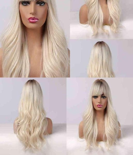 Pelucas sintéticas de pelo Cosplay Alan Pelucas largas para mujer con flequillo Ombre Marrón Platino Rubio Parte lateral Sintético Ondulado para africano Amer7581687