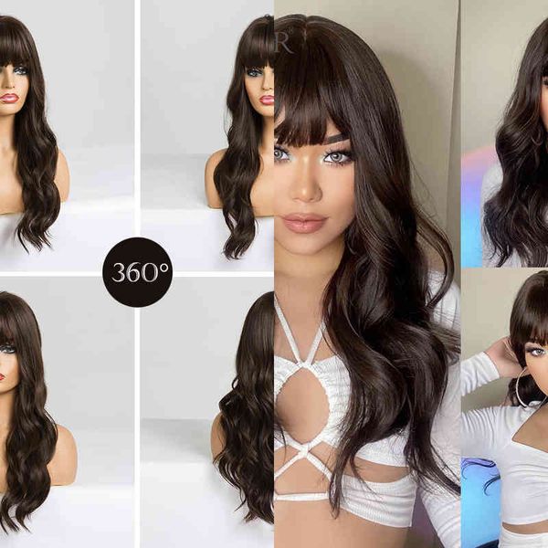 Pelucas sintéticas para el cabello Cosplay Easihair Pelucas largas para mujeres de color marrón oscuro con flequillo Onda de agua Sintético resistente al calor para mujeres Peluca de cabello afroamericana 220225