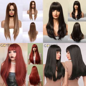 Coiffes Wigs synthétiques Cosplay Gemma Longs perruques synthétiques droites ombre Brown Grey Wig With Bangs for Women Cosplay Lolita Daily Party Fibre résistant à la chaleur 220225