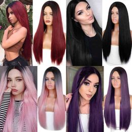 Cheveux Perruques Synthétiques Cosplay Linghang Longue Ligne Droite Synthétique Noir Perruque Mixte Brun et Blonde pour Femmes Partie Moyenne Nature Lolita Cosplay 220225