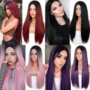 Haar Synthetische pruiken Cosplay Linghang Long Straight Synthetic Black Wig Mixed Brown en Blond for Women Middle Part Nature Lolita Cosplay 220225