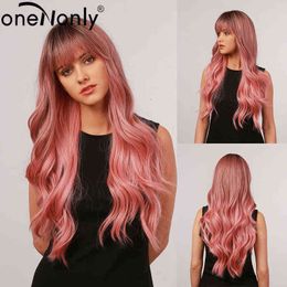 Haar synthetische pruiken cosplay onenonly lange lichaamsgolf Ombre bruine roze synthetische pruiken met pony's natuurlijk voor vrouwen cosplay pruik hittebestendig 220225