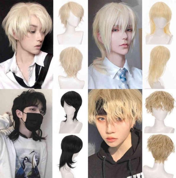 Pelucas sintéticas de pelo Cosplay peluca masculina rizada corta negro blanco amarillo medio Cosplay disfraz de anime pelucas de Halloween pelo sintético con 2182586