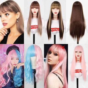 Haar Synthetische pruiken Cosplay Synthetisch haarroze en zwarte pruik Lang rechte cosplay Two Tone Ombre Color Women S 220225