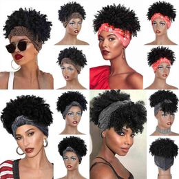 Pelucas sintéticas de pelo Cosplay Vigorous sintético rizado diadema pelucas cortas negras rizadas con flequillo Afro Puff para mujeres Head Wrap 220225