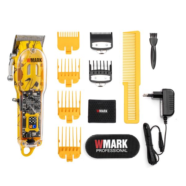 Tondeuse à cheveux WMARK NG-411 Style transparent Base jaune Ciseaux rechargeables professionnels Ciseaux sans fil avec lame en coin 230715