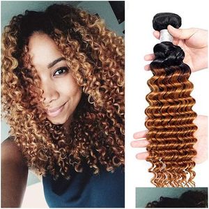 Trames de cheveux 9A Grade Brésilien Vierge 1B / 30 Vague bouclée profonde 3/4 Bundles 100% non transformés Humain Naturel Ombre Couleur Drop Livraison Prod Dh5Vy