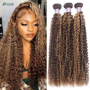 Haarinvoeten Allove Markeer Curly Bundel Human Hair P4 27 OMBRE HONING GOUD HAAR BUDLE Braziliaanse Remi -kleur 1/3/4 stuk Remi Hair Extension Q240529
