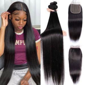 Hair Wefts Bone Straight Human Bundles With Closure Lace s Brazilian Weave 3 4 Remy 230511