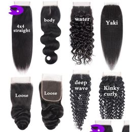 Haarinslagen Braziliaans Maagdelijk Menselijk Weefsel Sluitingen Body Wave Los Diep Recht Kinky Natuurlijk Zwart 4X4 Kant Drop Delivery Producten Ext Ot7Y8