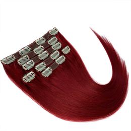 PECHO CEPILS Estilo de clip Extensión de cabello humano Remi Cabello humano Cabeza completa 7 piezas #Red 15 pulgadas -18 pulgadas 70G Q240529