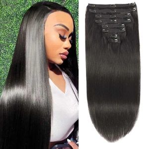 Hair Wafts Natural Straight Clip Hair Extension 100% True Human Hair Extension Full Head Brazilian Female Hair Extension 1B Q240529