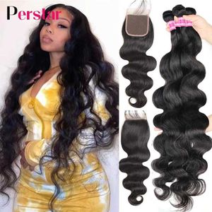 Cabezas Perstar Human Hair Bundles con cierre Brasil Bundas de ondas corporales con cierre extensiones de tejido de cabello humano 3/4 paquetes Remy Q240529