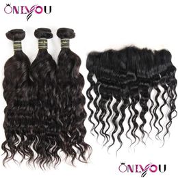 Tramas de cabello Paquetes de ondas corporales peruanas con encaje frontal Brasileño Profundo Rizado Rizado Virgen Tejido humano 34 Productos de entrega de gotas Extens Ota3F