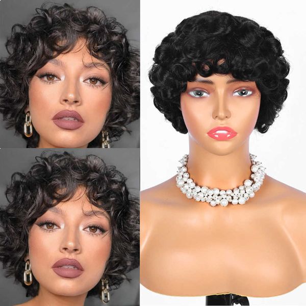 Pelucas de cabello Bouncy Curly Fringe Pixie Cut Short Human para mujeres Cheap Full Machine Egg Curls Bob con flequillo 230510