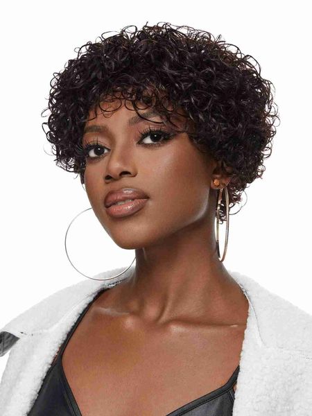 Pelucas de cabello Bob rizado con flequillo Pixie Cut Short Human Machine Made Real para mujeres Afro 230510