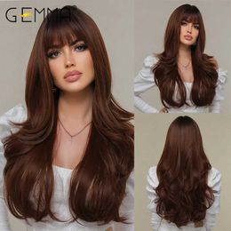 Haarpruiken Gemma lang ombre bruin wijnrood golf synthetisch met pony cosplay golvende pruik voor vrouwen hoge temperatuur natuurlijke nep 231121