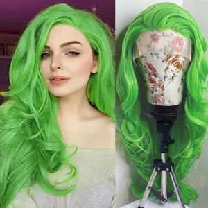 Haarpruiken Groene Kleur Losse Golf Synthetische Kant Lang Golvend Haar Warmtevezelvrij Deel Lijmloze pruiken voor vrouwen Cosplay 240306