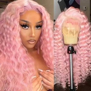 Perruques de cheveux rose clair vague profonde avant de lacet perruques partie libre longue boucle ondulée chaleur fibre synthétique perruque maquillage cosplay noir femmes utilisation 240306