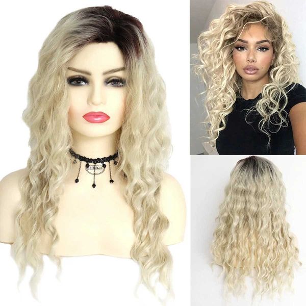 Pelucas de cabello Pelucas largas y rizadas para mujeres Peluca rubia sintética ombre con flequillo Peluca de disfraz para niñas Pelucas rubias sexy con raíces oscuras 240306