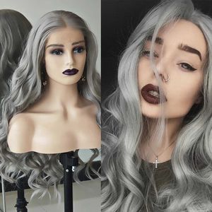 Perruques de cheveux longue vague grise synthétique dentelle avant perruque naturelle délié argent gris cheveux perruques pour femmes sans colle maquillage Cosplay utilisation 240306