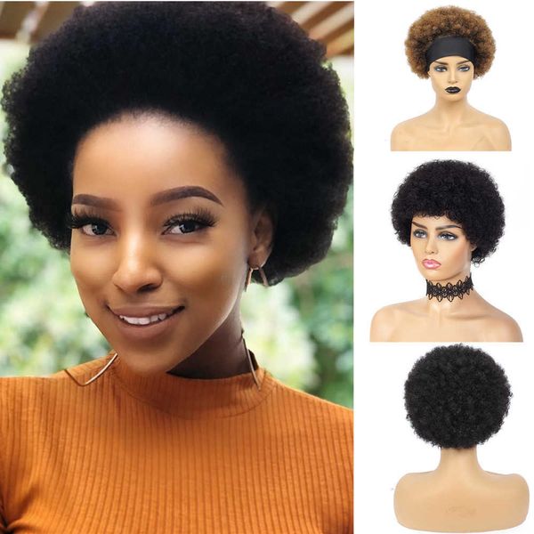 Pelucas de cabello Natural corto rizado humano Afro Kinky para mujeres negras Turbante Diadema Peluca Color marrón Barato 230412