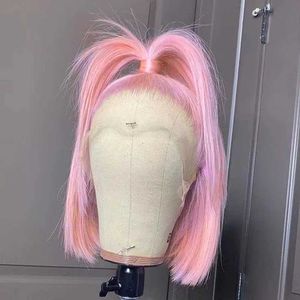 Haarpruiken Oranje Roze Gekleurde Korte Bob Synthetische pruiken Zijdeachtig steil haar Kanten Voorkant Pruik voor Vrouwen Cosplay Gebruik Warmtevezelhaar 240306