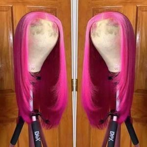 Pelucas de cabello Cabello rosado Corte de pelo en capas Pelucas delanteras de encaje recto Cabello natural Largo y recto Cosplay Fibra de calor Peluca sintética Púrpura 240306