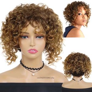 Perruques de cheveux courts afro bouclés pour femmes perruque blonde naturelle avec frange ombre brun coiffure africaine femme quotidienne fête d'Halloween 240306